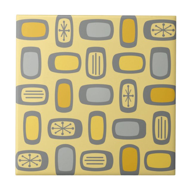 Midcentury MCM Rounded Rectangles Yellow Grey Ceramic Tile (Front)