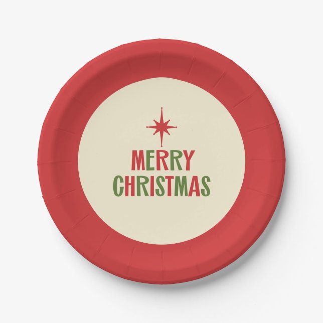 Midcentury Merry Christmas Retro Typography  Paper Plate (Front)