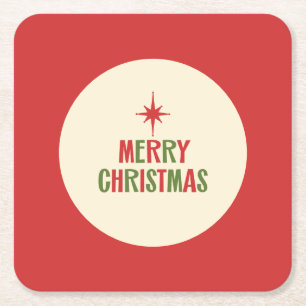 Midcentury Merry Christmas Retro Typography Square Paper Coaster