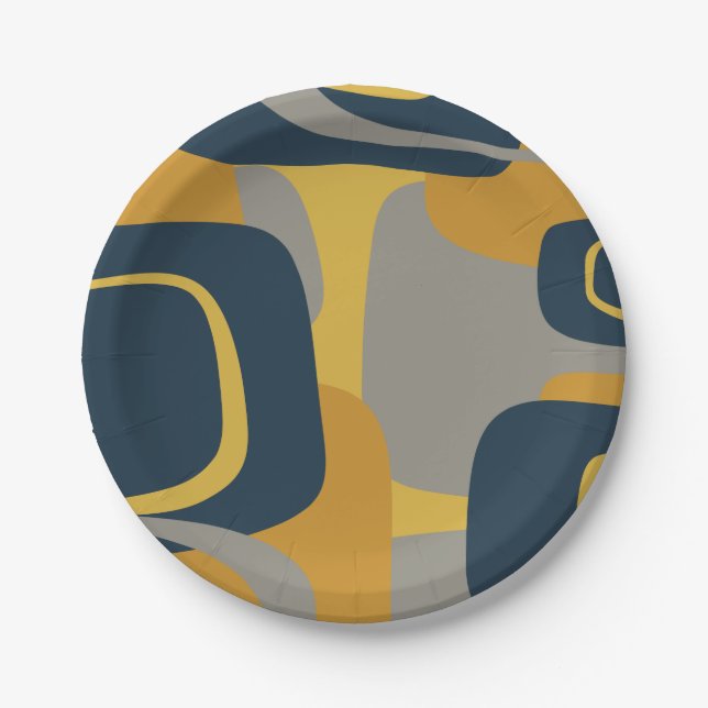 Midcentury Modern Abstract 2 Mustard Navy Grey Paper Plate (Front)
