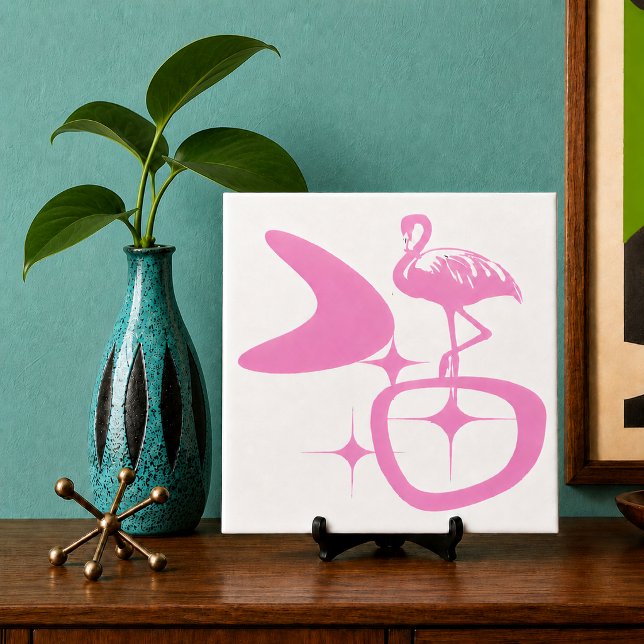 Midcentury Modern Atomic Retro Shape Pink Flamingo Ceramic Tile (midcentury modern pink flamingo with starbursts and boomerang shape displayed in Palm Springs room)