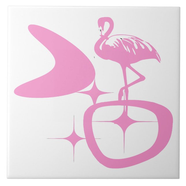 Midcentury Modern Atomic Retro Shape Pink Flamingo Ceramic Tile (Front)