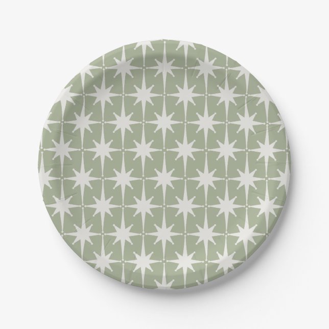 Midcentury Modern Atomic Starburst Pattern Sage Paper Plate (Front)