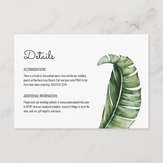 Midcentury Modern Banana Leaf Wedding Details  Enclosure Card (Front)