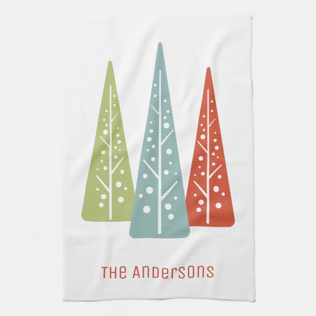 Midcentury Modern Christmas Trees Personalised Tea Towel (Vertical)
