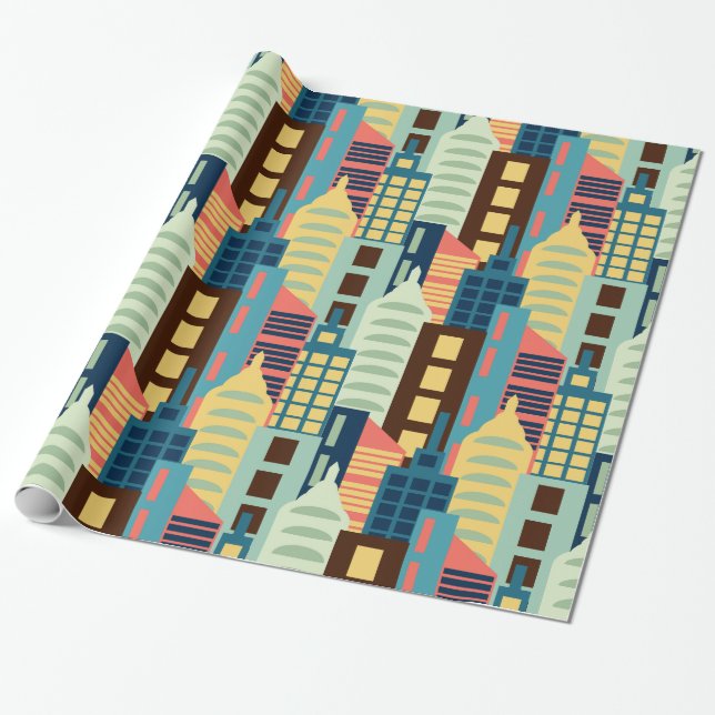 Midcentury Modern City Wrapping Paper (Unrolled)