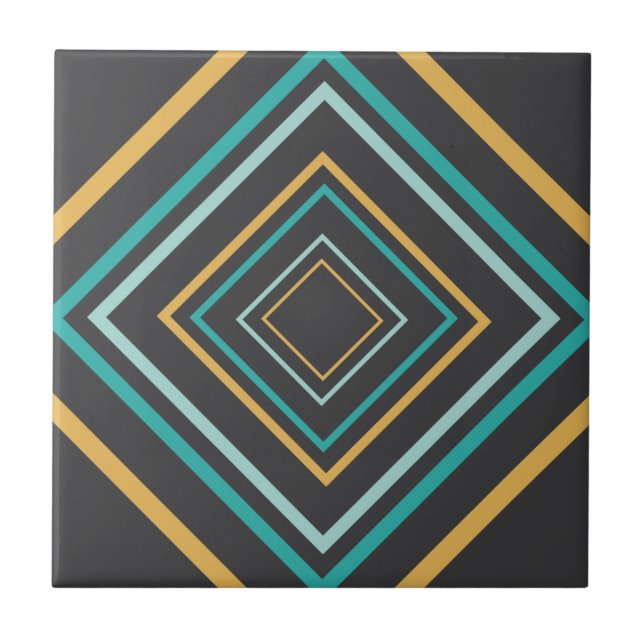 Midcentury Modern Diamonds Turquoise and Gold Ceramic Tile (Front)