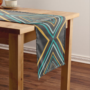Midcentury Modern Diamonds Turquoise and Gold Short Table Runner
