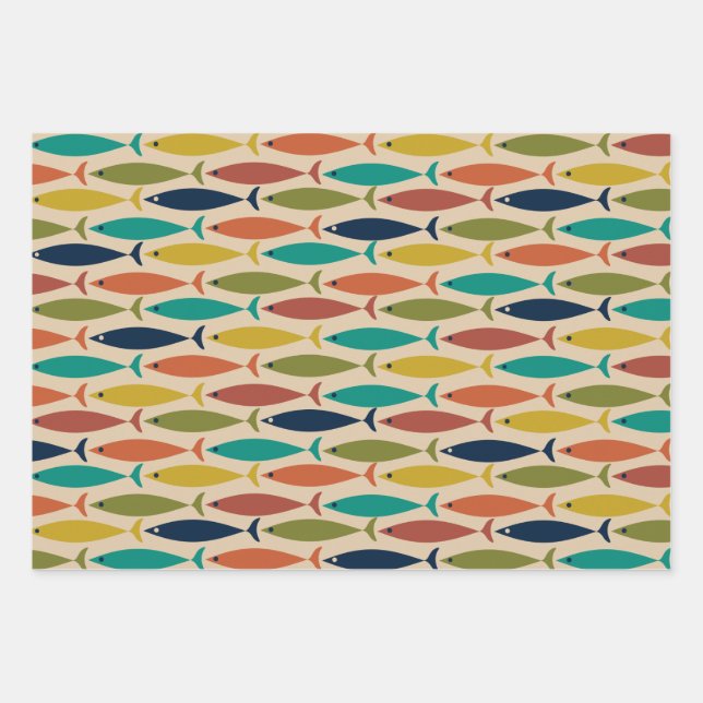 Midcentury Modern Fish Pattern Wrapping Paper Sheet (Front)