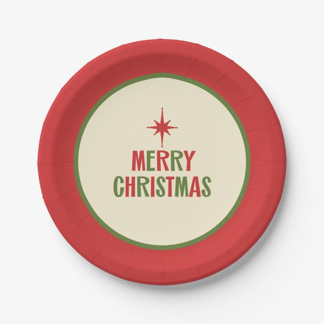 Midcentury Modern Merry Christmas Retro Typography Paper Plate (Front)