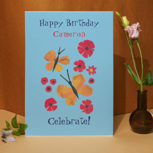 MidCentury Modern Orange Butterfly Cute Birthday Card