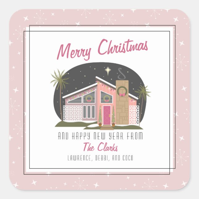 Midcentury Modern Pink House Christmas Square Sticker (Front)