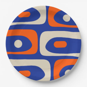 Midcentury Modern Piquet Abstract Blue Orange Paper Plate