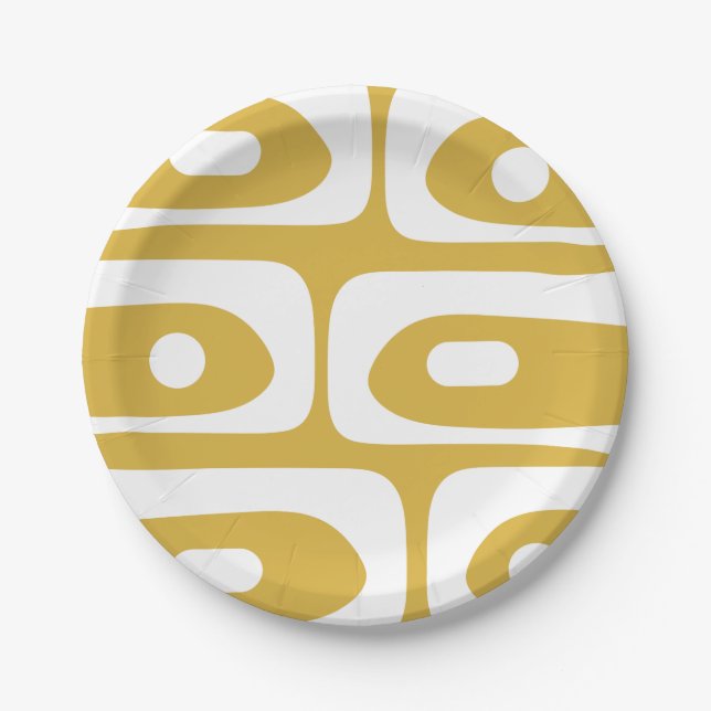 Midcentury Modern Piquet Abstract Mustard & White Paper Plate (Front)