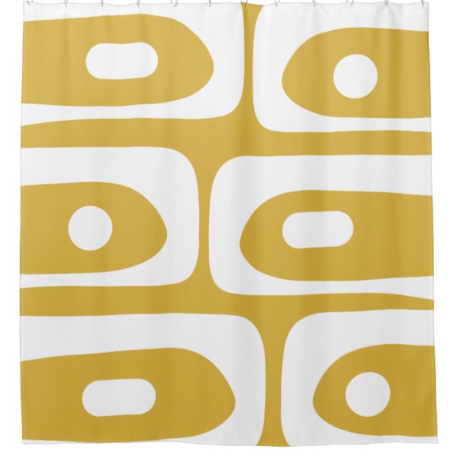 Midcentury Modern Piquet Abstract Mustard & White Shower Curtain (Front)