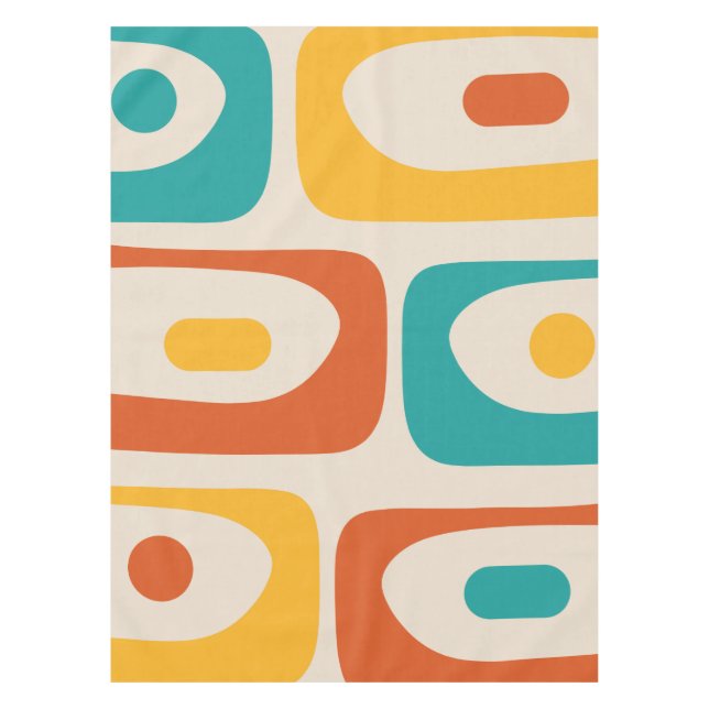 Midcentury Modern Piquet Abstract Teal and Orange Tablecloth (Front)