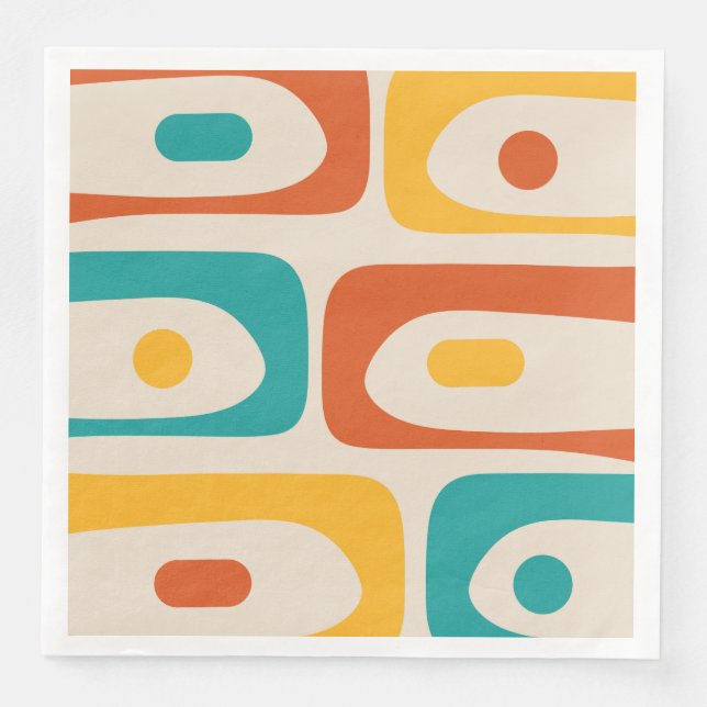 Midcentury Modern Piquet Abstract Teal Orange Napkin (Front)