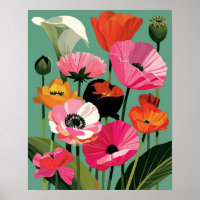 Midcentury Modern Poppy Floral Wall Art