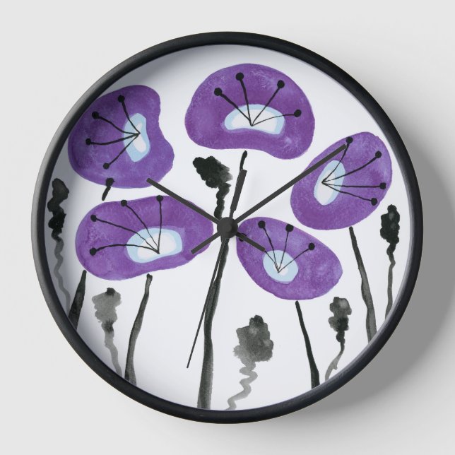 Midcentury Modern Purple Poppies, Flower Clock (Front)