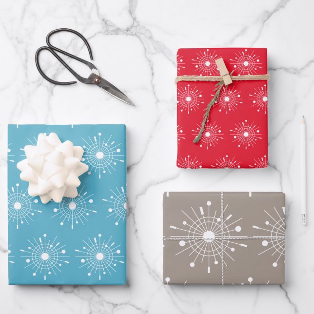 Midcentury Modern Retro Atomic Snowflake Christmas Wrapping Paper Sheet (Front)