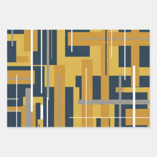 Midcentury Modern Retro Patterns Mustard and Navy Wrapping Paper Sheet