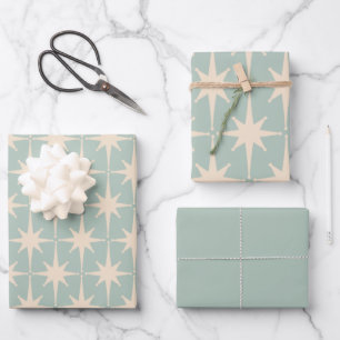 Midcentury Modern Retro Starbursts Celadon Mint Wrapping Paper Sheet