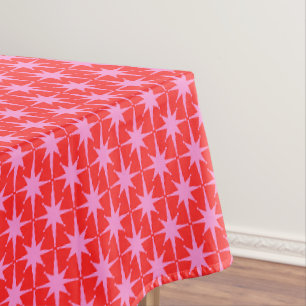Midcentury Modern Retro Starbursts Pink and Red Tablecloth