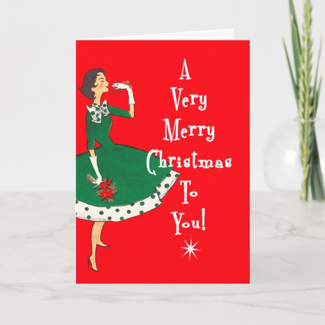 MidCentury Modern Single Girl Merry Christmas Red Holiday Card (Front)
