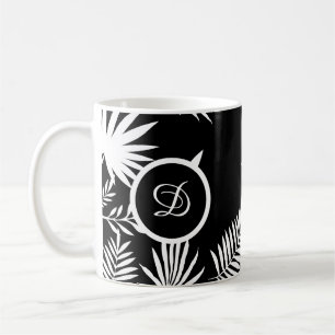 midcentury modern tropical leaves black and white coffee mug