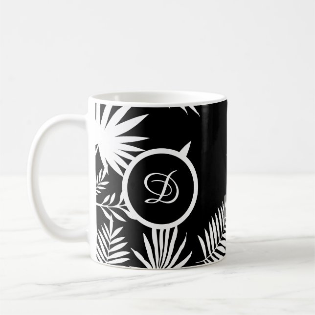 midcentury modern tropical leaves black and white coffee mug (Left)