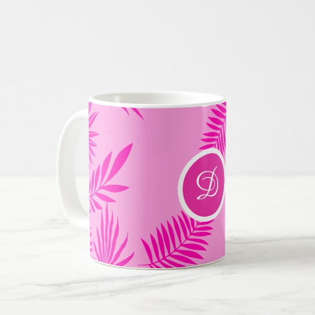midcentury modern tropical leaves pink palm coffee mug (Front Left)
