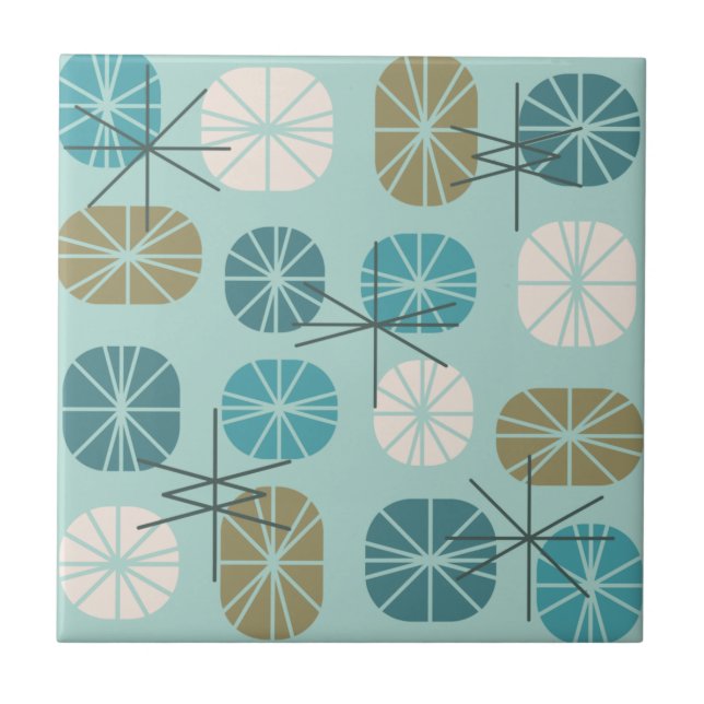 Midcentury Pattern Oblongs Aquamarine Gold Ceramic Tile (Front)