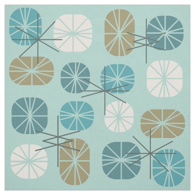 Midcentury Pattern Oblongs Aquamarine Gold Fabric (Swatch)