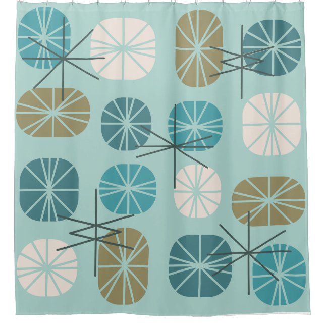 Midcentury Pattern Oblongs Aquamarine Gold Shower Curtain (Front)