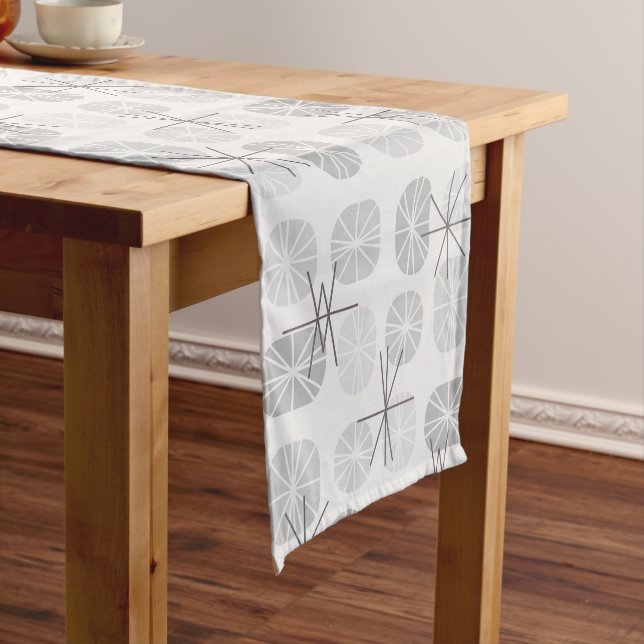 Midcentury Pattern Oblongs Light Grey Short Table Runner (In Situ)
