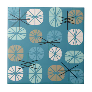 Midcentury Pattern Oblongs Teal White Gold Ceramic Tile