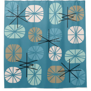Midcentury Pattern Oblongs Teal White Gold Shower Curtain