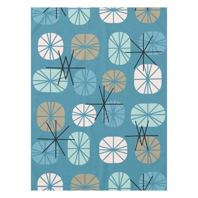 Midcentury Pattern Oblongs Teal White Gold Tablecloth (Front)