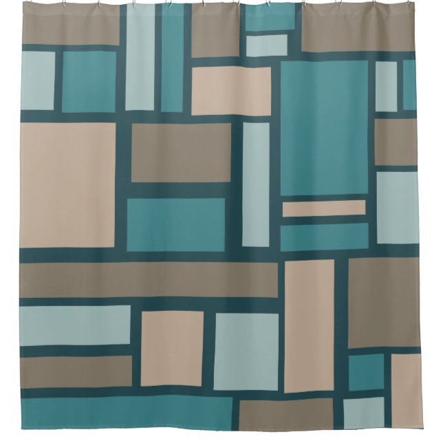 Midcentury Rectangles Pattern Teal & Gold Shower Curtain (Front)