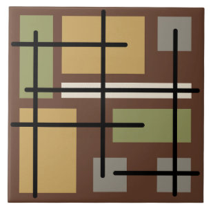 Midcentury Rectangles Squares Brown Multicolored Ceramic Tile
