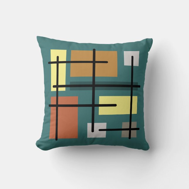Midcentury Rectangles Squares Teal Multicolored Cushion (Front)