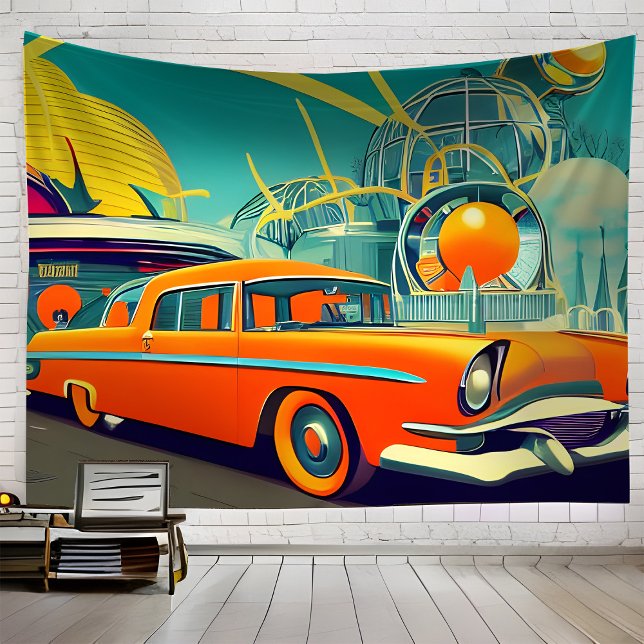 Midcentury Retro Futuristic Automotive Art Orange Tapestry (Creator Uploaded)