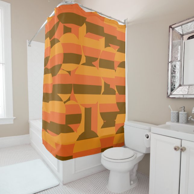 midcentury retro groovy 70s geometric art shower curtain (In Situ)