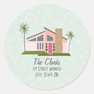 Midcentury Retro Pink House Address Classic Round Sticker