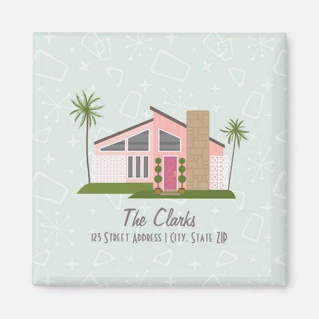 Midcentury Retro Pink House Address Magnet (Front)