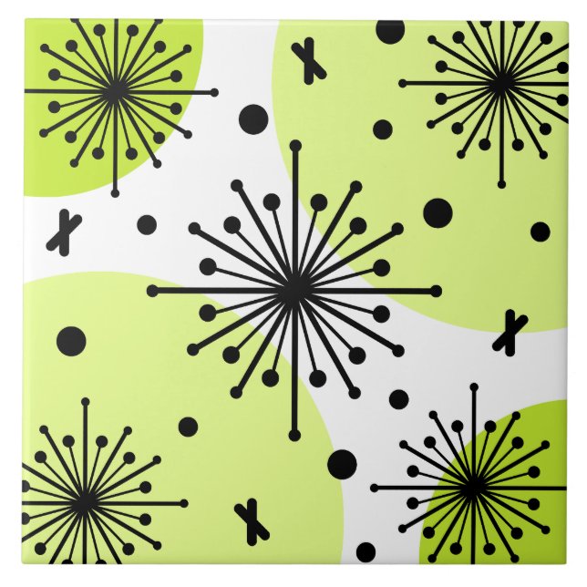 Midcentury Sputnik Starbursts Chartreuse Ceramic Tile (Front)