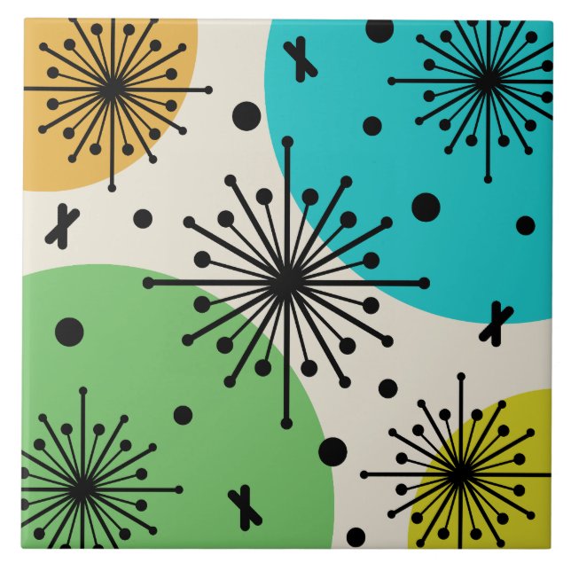 Midcentury Sputnik Starbursts Multicolored Ceramic Tile (Front)