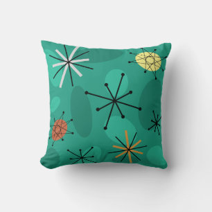 Midcentury Sputnik Starbursts Turquoise Cushion