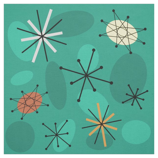 Midcentury Sputnik Starbursts Turquoise Fabric (Swatch)