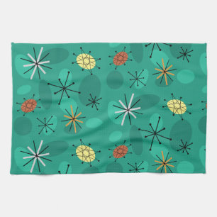 Midcentury Sputnik Starbursts Turquoise Tea Towel
